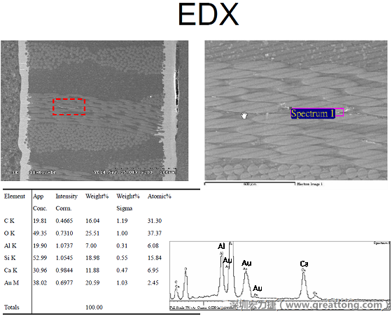 ACF(Conductive Anodic Filament，导垫性细丝物，阳极性玻璃纤维丝漏电现象)。用EDX打出来Au(金)的元素介于通孔与盲孔之间第一个位置。