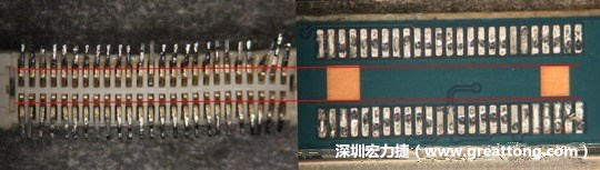 把板对板连接器与其电路板的佈线焊垫作一个比较，端子的切断面有毛边的地方刚好对到了裸铜区。