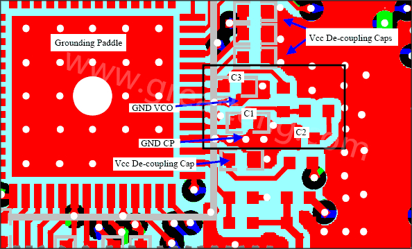  图6. MAX2827参考设计板上PLL滤波器元件布置和接地示例-深圳宏力捷