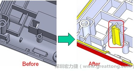 既然知道可能的问题出在电路板变形量过大，于是在电路板上黏贴应力计(Stress Gauge)然后先量测未改善前的应力数据。改善方法是在BGA的附近新增机沟肋柱(rib)来顶住电路板以降低电路板在落下时的变形量。