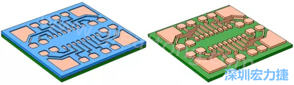 铜被电镀在导电种子层之上，从而填满了PCB板上的图形化光刻胶腔体(左)。清除光刻胶，蚀刻暴露出的种子层以分隔开不同的铜线(右)-深圳宏力捷