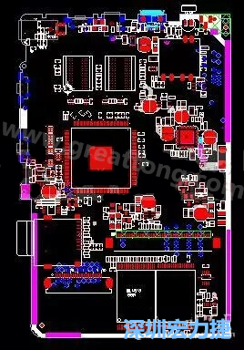 上图是一个开发板的PCB，从布局中可以看出各个接口电路分离很明确，SDRAM和DDR以及SD卡接口电路等走线不会造成相互的干扰。-深圳宏力捷