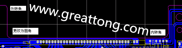 PCB设计时单面板的转角都需为圆角，R1.0mm或R2.0mm为宜。