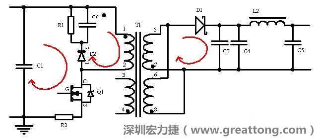 元件布局的时候，要优先考虑高频脉冲电流和大电流的环路面积，尽可能地减小,以抑制开关电源的辐射干扰