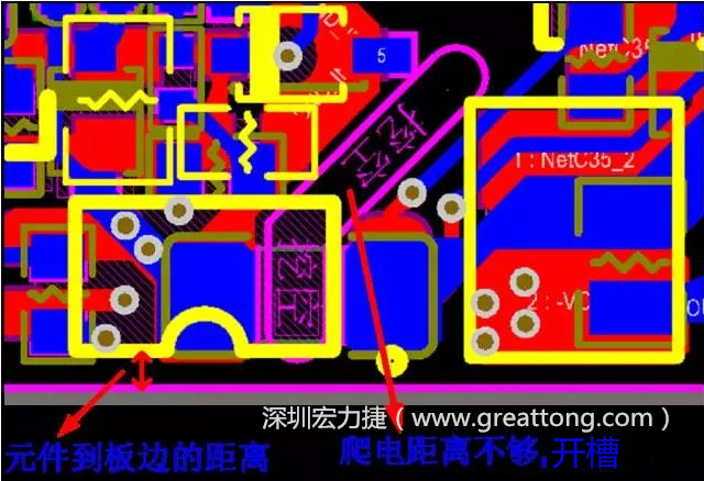 如果碰到模块PCB空间有限，爬电距离不够，可以采用开槽的方式