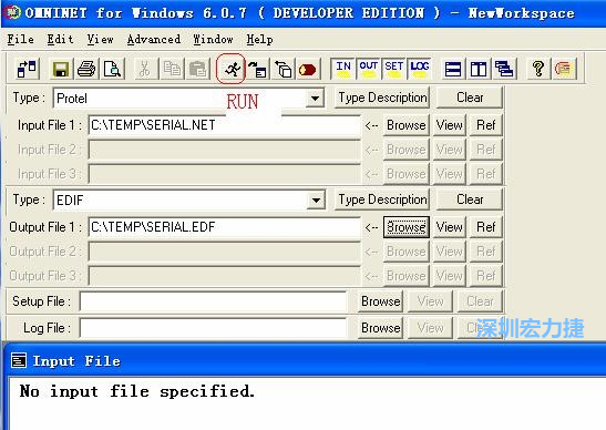 输出文件类型(Type)选 EDIF。Output File 1 指定输出文件的文件名和路径。然后点击 Run(跑动的小人)。