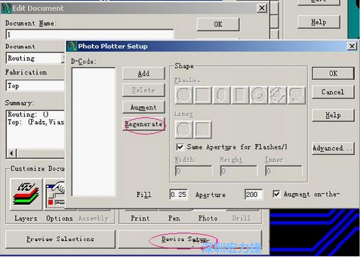 当Gerber和钻孔都设置完后，选择一贴片元件较多的层（一般为Top层），点击Device SetupPhoto，将 Plotter Setup窗口D-Code栏原有的D码删除并按Regenerate重新生成