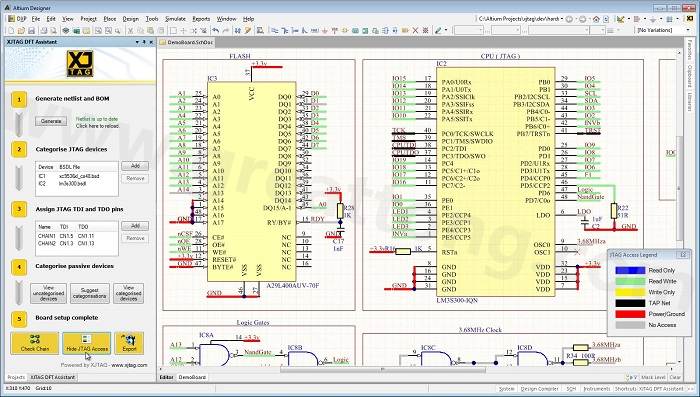 XJTAG DFT Assistant的Access Viewer模式可以清楚地显示可用的测试存取层级，让电路板设计人员在展开PCB布局以前的原理图撷取阶段尽可能地提高测试存取能力
