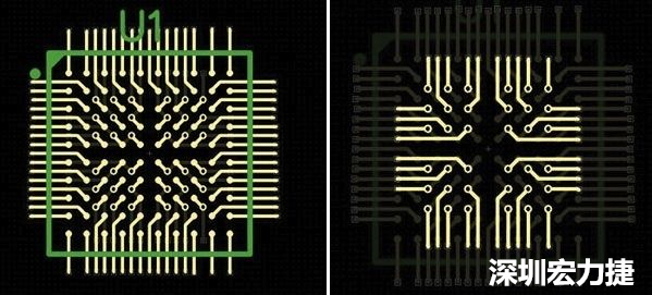 图4a和4b：从最外层开始向中心为不同的BGA圈布线。