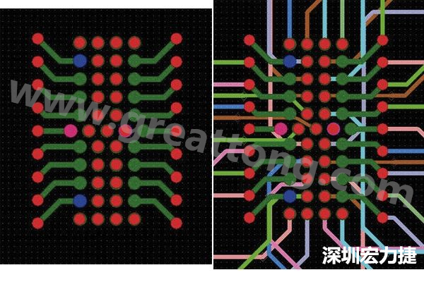 图7：焊盘内过孔用于内部，而外部接脚在0.5mm闸格上扇出。图7a显示的是顶层(左)；图7b显示顶层和内部布线层(右)。