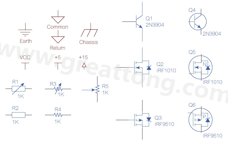 图 4 接地、电源、电阻、电晶体和 MOSFET等各种元件的符号。