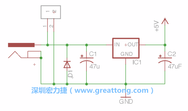 2.5.    新增一个二极体，它会以水平的状态出现在屏幕上，请使用「旋转（Rotate）」工具把它负极那一面朝上，并且用「网络连接」工具将它连接在电压调整器的输入端和接地端之间。