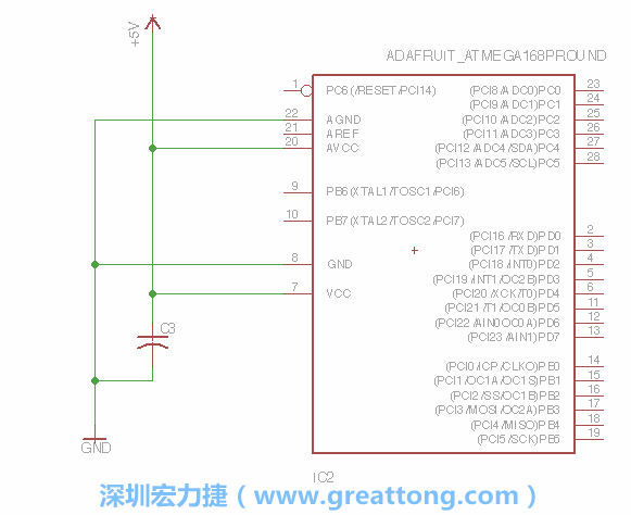 3.1.    新增微控制器晶片（RBBB → ATmega），把它放在电路原理图的中央附近，把它的两个接地接头连接到接地讯号端。