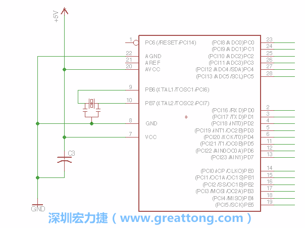 3.2.    在靠近ATmega的电源供应针脚7的位置放置一个0.1μF的电容，将它分别连接电源、接地端和针脚7。