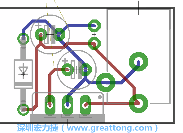 接地连结点的布线情形如下图所示，利用这个练习来避免电路连线锐角化的产生是一个不错的选择，你可以在工具列中的弯曲线路（Wire Bend）选项里改变各种布线的变化。