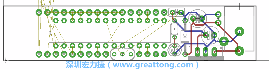 将ATmega微控制器、三个GPIO排针（JP2, JP3, JP4）和谐振器（resonator）排置如上图所示。