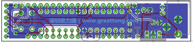 第二篇文章则带领你进行电路板上的布线、连结点的配置，并利用「设计规则检查（Design Rule Check）」测试你的设计，第二篇文章的电路板设计图将如下所示：