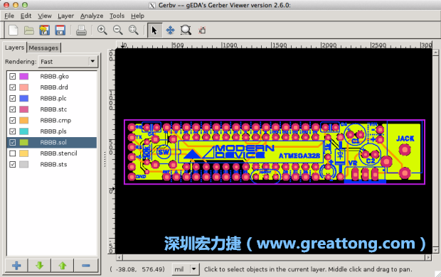 将图层汇入你的Gerber预览工具内（下图为Gerbv），我通常会从上到下重新排列它们的顺序，好让我比较好校对：