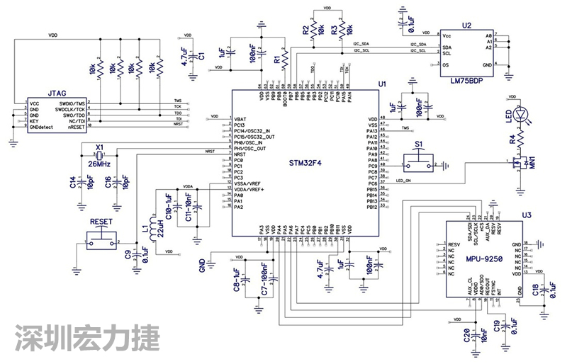 图 1. STM32F4微控制器的电路图。