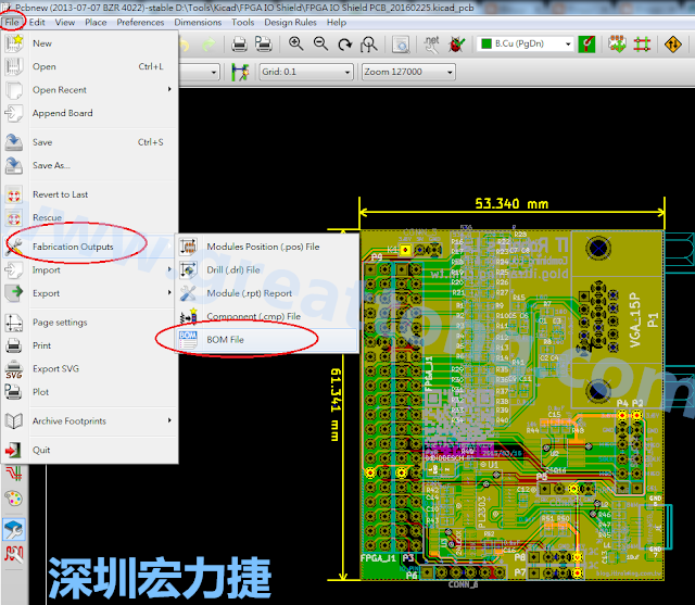 在Kicad的PCB Editor, 点选 File->Fabrication Outputs->BOM File, 即可产生一个 .csv 的Excel 档案。