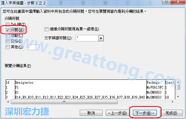 新增一个新的Excel文档，[资料]汇入[从文字档]，然后选择刚产生的BOM (.csv)档案，并以"分号"作为分隔符号。