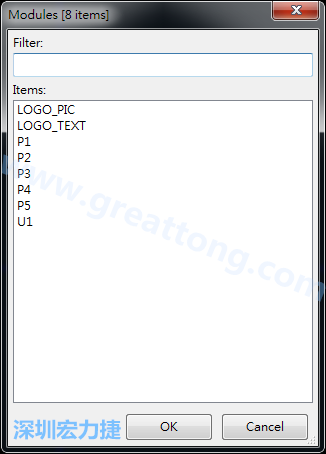 从目前正在编辑的PCB载入Module， 会显示有那些项目可载入。点选一个， OK后即完成载入