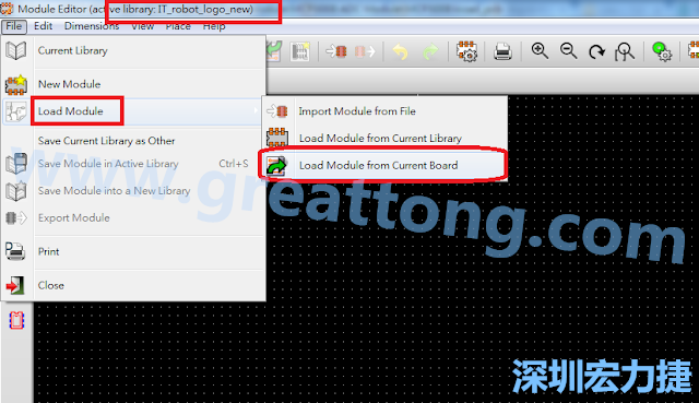 进入Module Editor去载入其他Footprint(Module)进来， 从目前的Active library (不过要先选取一个Current library ) 载入Module 或从目前正在编辑的PCB载入Module。