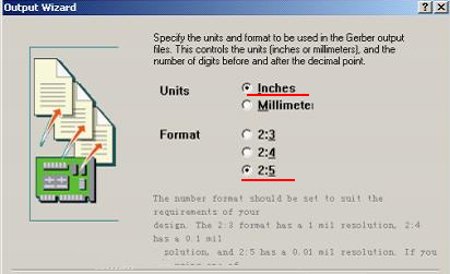 在上图中选择“Inches 2：5”，以确保资料精度，反之线宽、线距或孔有偏移现象