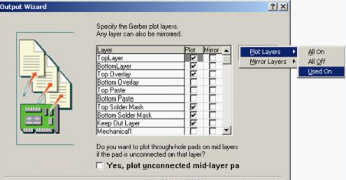 按“Next”，点击“Menu”将Plot Layers置为Used On，Mirror Layers置为All Off后按“Next”