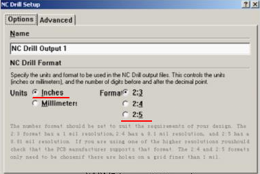 将格式改为“Inches 2：5”（ 以确保资料精度，反之孔与线路有偏移现象；）点OK完成钻孔文件转换