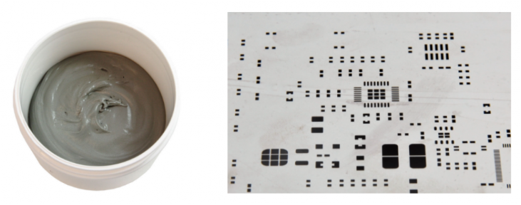 焊膏（左），PCB模板激光切割孔（右）